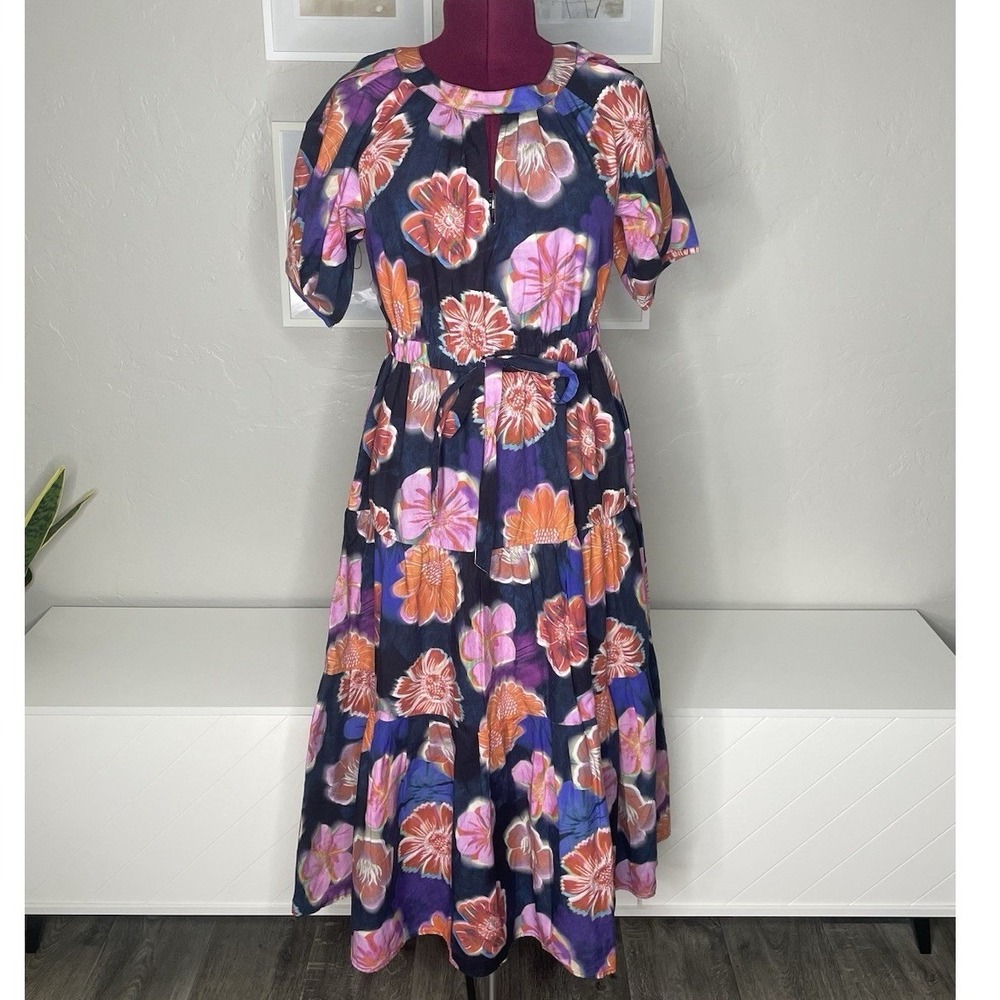 Oliver Bonas Midi Dress Womens 8 Blue Floral Tiered Cotton Puff Sleeve Belted